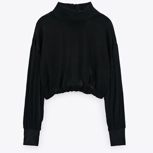 NWT Zara Black Satin Effect Long Sleeve Mock Neck Top Size XS Zipper Turtleneck
